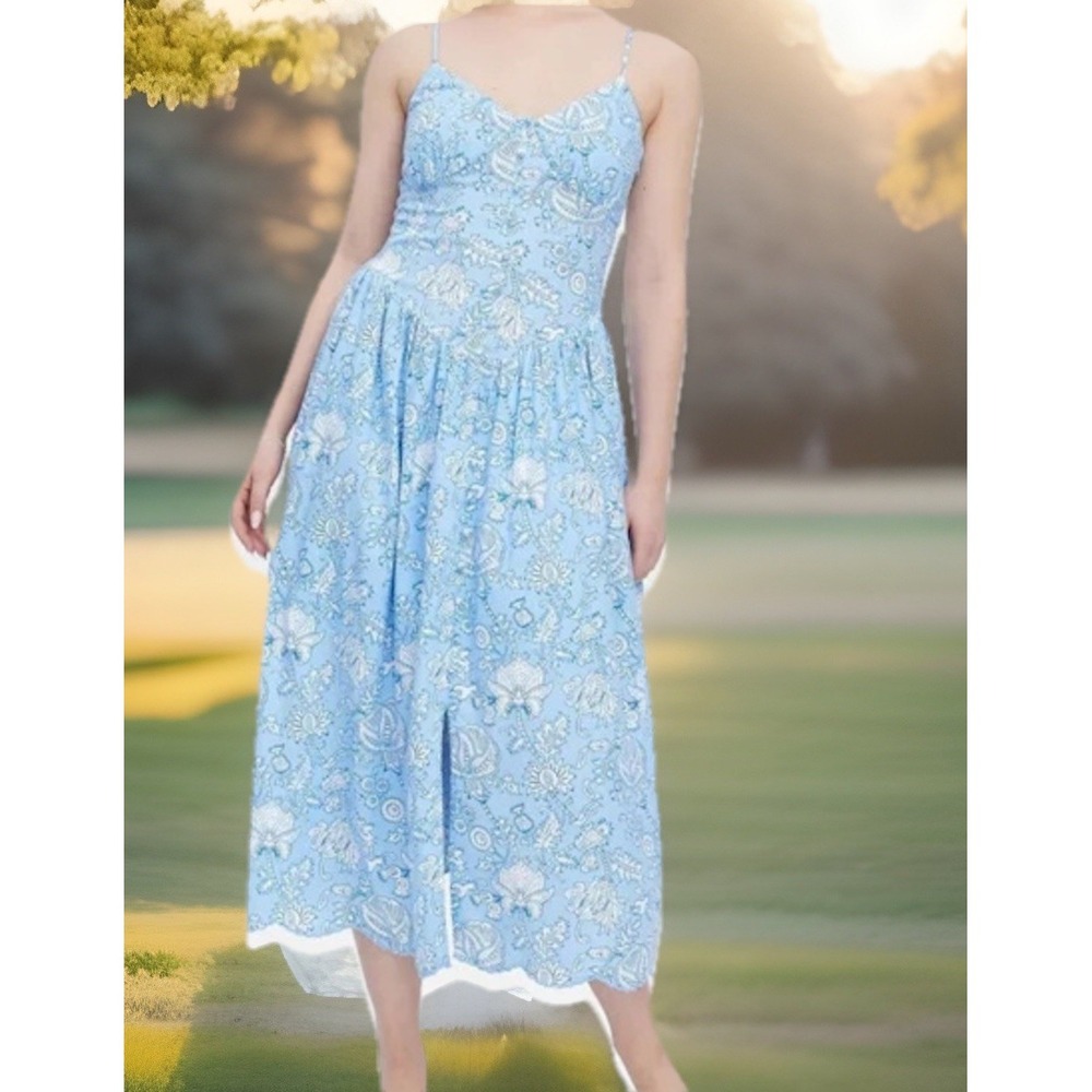 Women's‎ Sz M Blue Floral Drop Waist Midi A-Line Dress Midi Lined Roller Rabbit